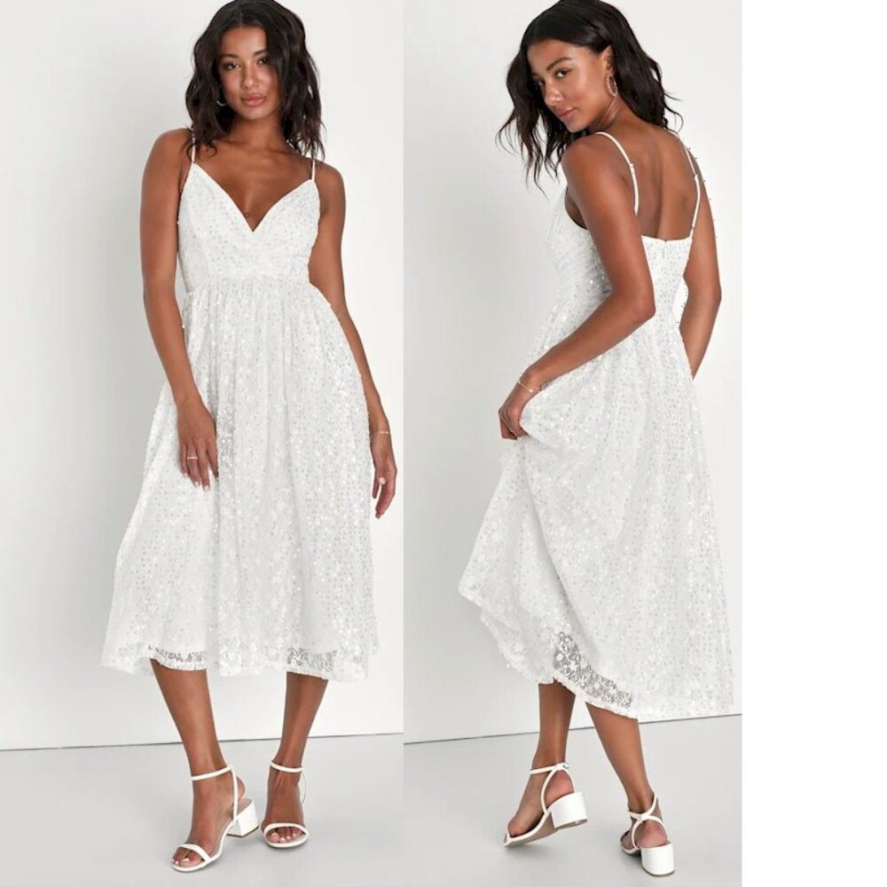 Lulus Dreamy Drama White Lace Sequin A-Line Midi Dress Size XS New NWT